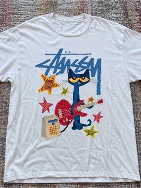 Gildan White Stussy Cat Graphic T-shirt